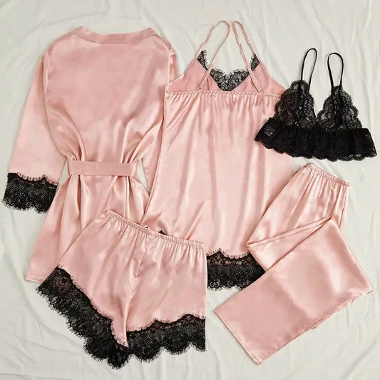 Conjunto de pijama feminino de cetim rosa, lingerie sexy, roupão de banho, vestido de noite de seda com detalhes em renda e calça. Roupa de dormir ideal para usar em casa.