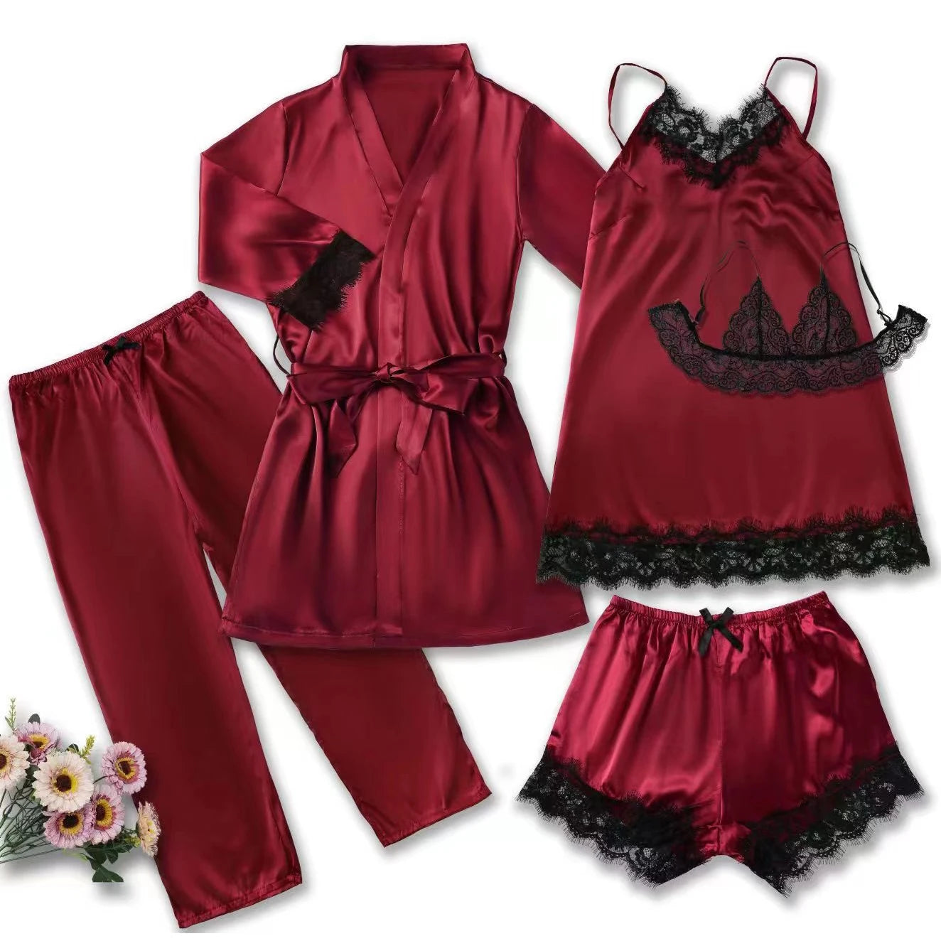 Conjunto de pijama feminino de cetim rosa, lingerie sexy, roupão de banho, vestido de noite de seda com detalhes em renda e calça. Roupa de dormir ideal para usar em casa.