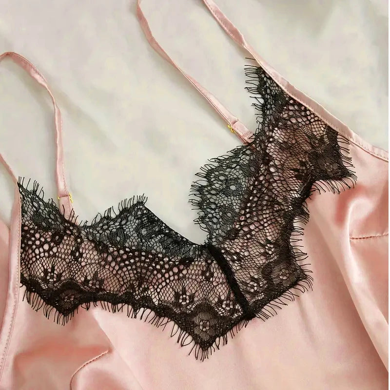 Conjunto de pijama feminino de cetim rosa, lingerie sexy, roupão de banho, vestido de noite de seda com detalhes em renda e calça. Roupa de dormir ideal para usar em casa.