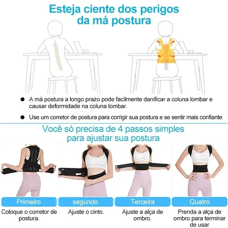 Corrija sua postura com o corretor postural ajustável e respirável em poliéster - ajuste universal para alívio da dor.