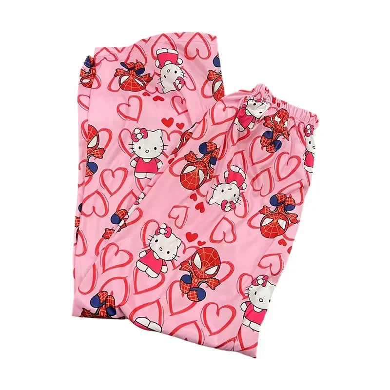 Calça de pijama Hello Kitty Homem-Aranha estilo anime, modelo Y2K, folgada, ideal para a família, para casais e meninas.