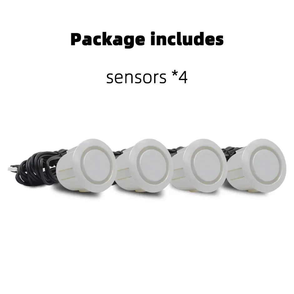 Sistema de radar de estacionamento ultrassônico com 4 sensores de 22 mm para ré. Disponível nas cores vermelho, preto, branco, prata, cinza, dourado e muito mais!