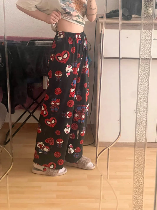 Calça de pijama Hello Kitty Homem-Aranha estilo anime, modelo Y2K, folgada, ideal para a família, para casais e meninas.