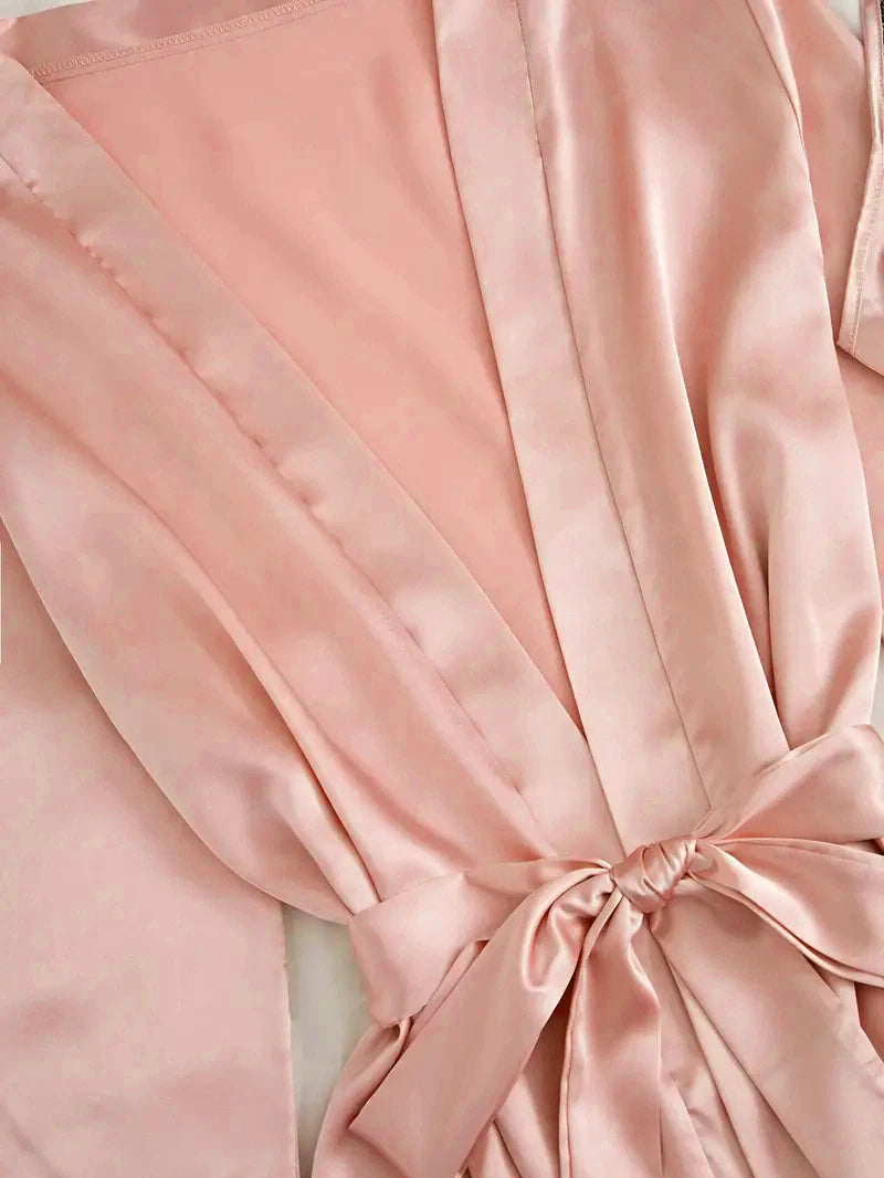 Conjunto de pijama feminino de cetim rosa, lingerie sexy, roupão de banho, vestido de noite de seda com detalhes em renda e calça. Roupa de dormir ideal para usar em casa.