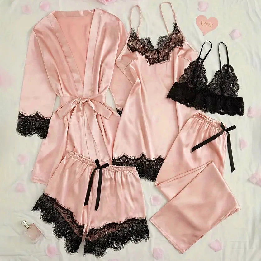 Conjunto de pijama feminino de cetim rosa, lingerie sexy, roupão de banho, vestido de noite de seda com detalhes em renda e calça. Roupa de dormir ideal para usar em casa.