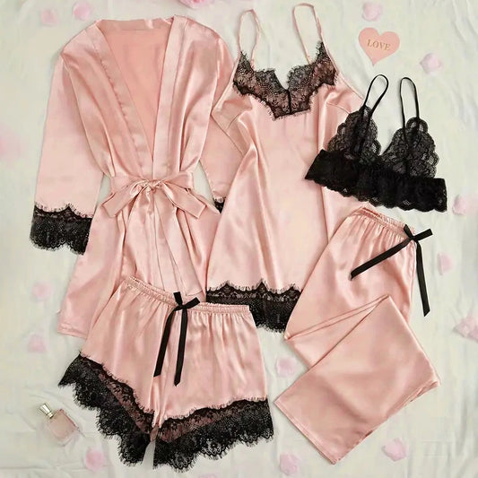 Conjunto de pijama feminino de cetim rosa, lingerie sexy, roupão de banho, vestido de noite de seda com detalhes em renda e calça. Roupa de dormir ideal para usar em casa.