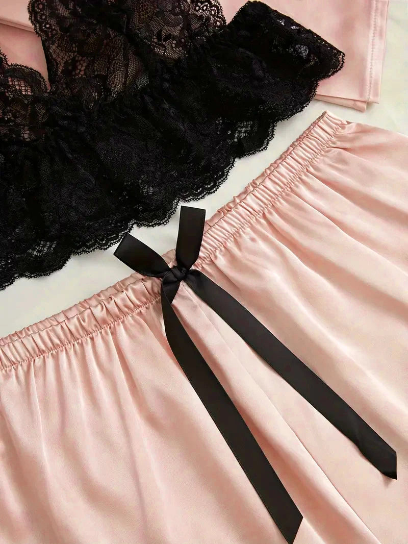 Conjunto de pijama feminino de cetim rosa, lingerie sexy, roupão de banho, vestido de noite de seda com detalhes em renda e calça. Roupa de dormir ideal para usar em casa.